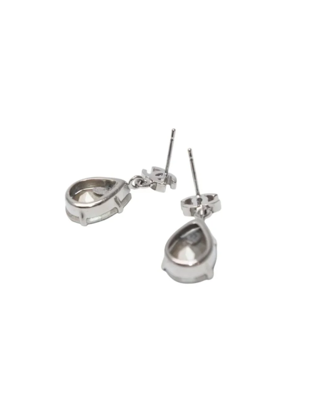 Chanel CC Logo Drop Earrings Metal Rhinestone Clear Silver